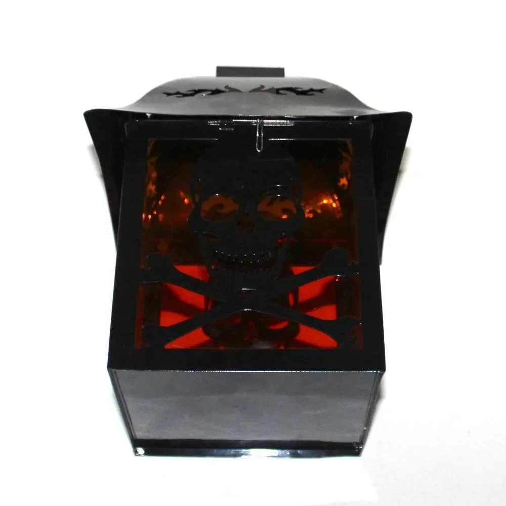 Large Lantern Skull and Bones black metal orange halloween goth decor 10